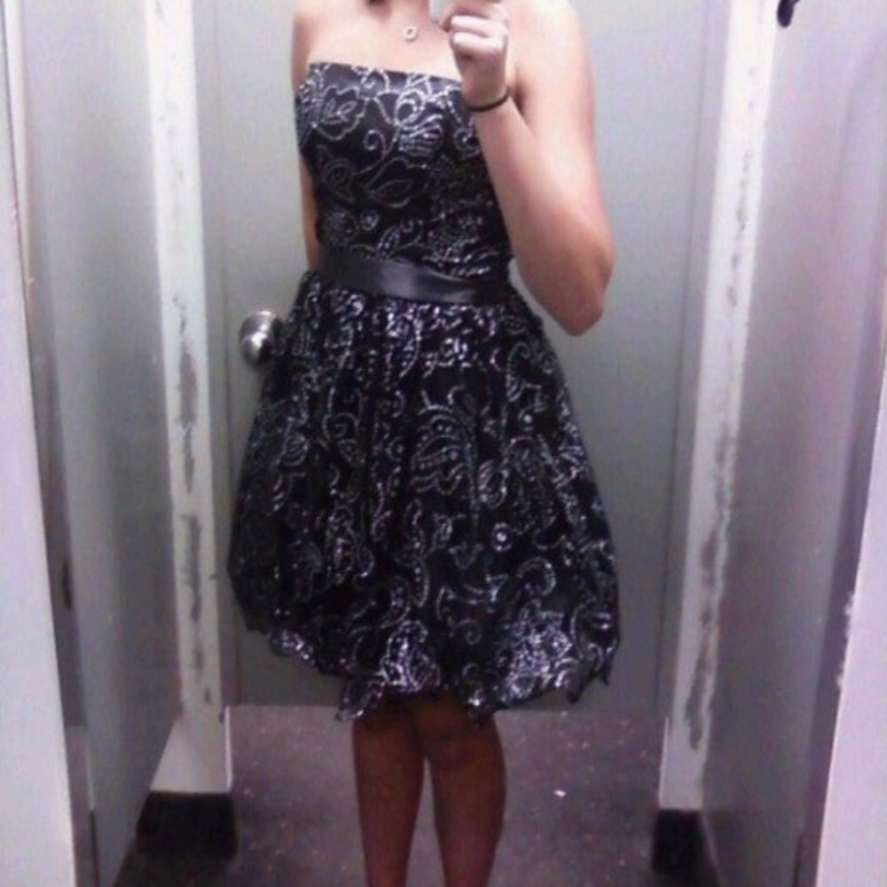 Charcoal gray strapless dress!